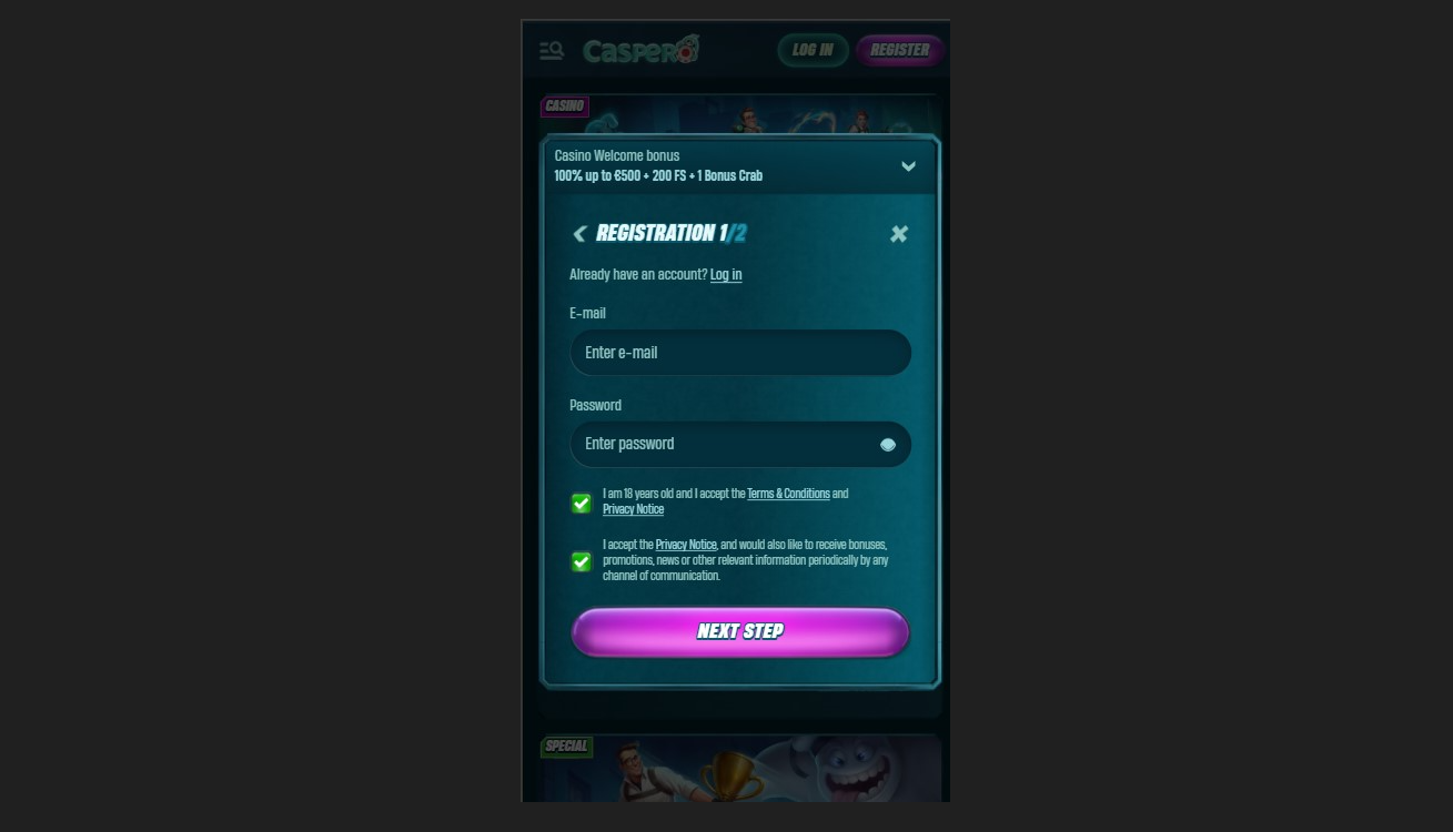 Caspero Casino Anmeldeformular